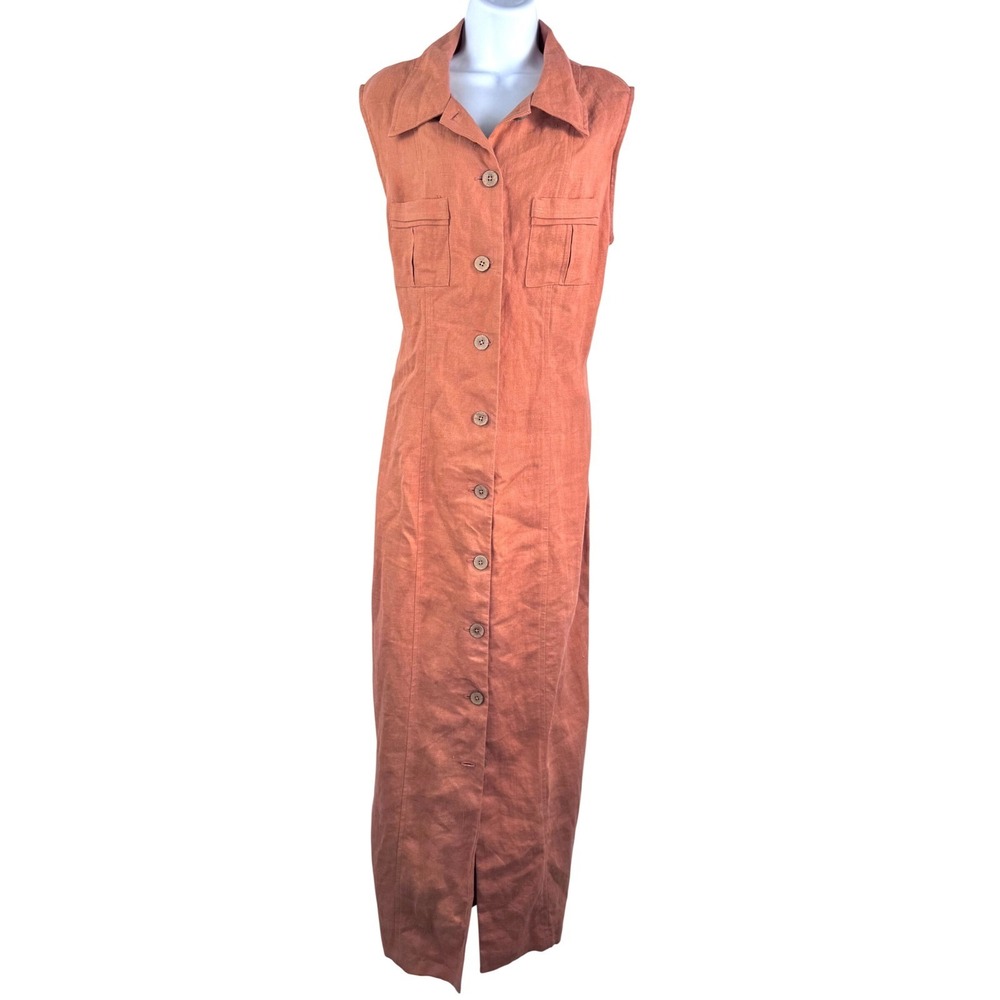 VTG Cynthia Max Maxi Dress sz XL Terracotta Linen Blend Button money classic
